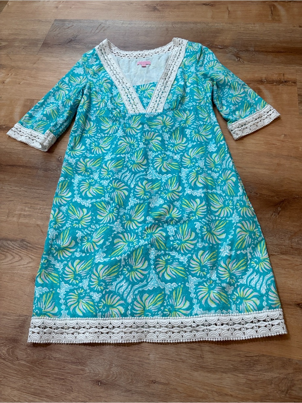 Lilly Pulitzer Sherman Turquoise Cotton Lace Trim Tunic Dress 12